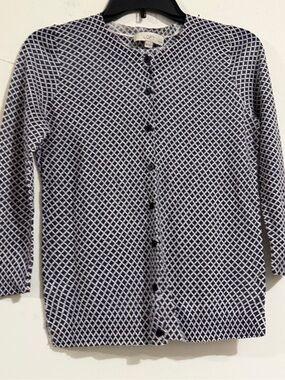 LOFT Navy & White Geometric Button Cardigan